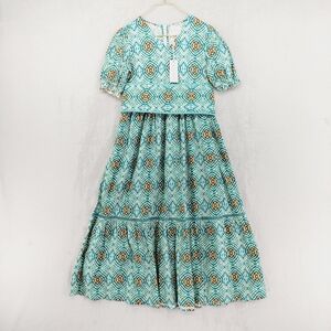 New Marigold Geo Print V-Neck Cotton Short Sleeve Belted Midi Dress P2901